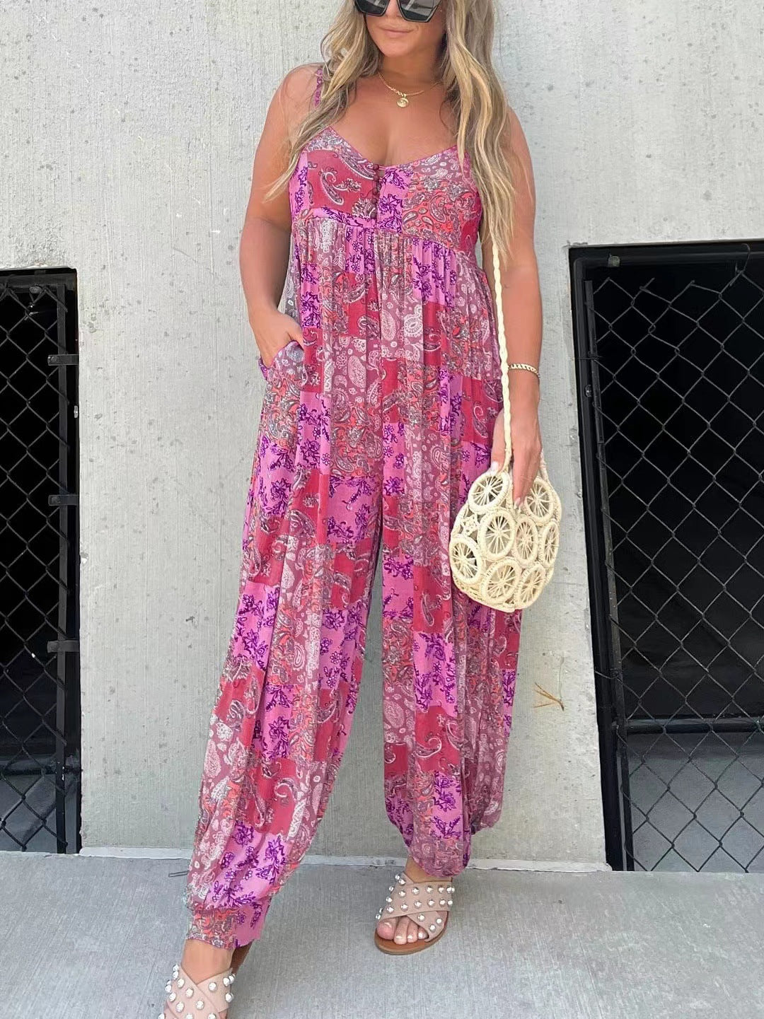 Women's High Waist Trendy Loose Printing Shoulder Girdle Jumpsuit