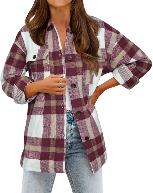 BTFBM Women Long Sleeve Button Down Jackets Plaid Flannel Shirts Tops Casual Lapel V Neck Oversized Shackets Blouses Top