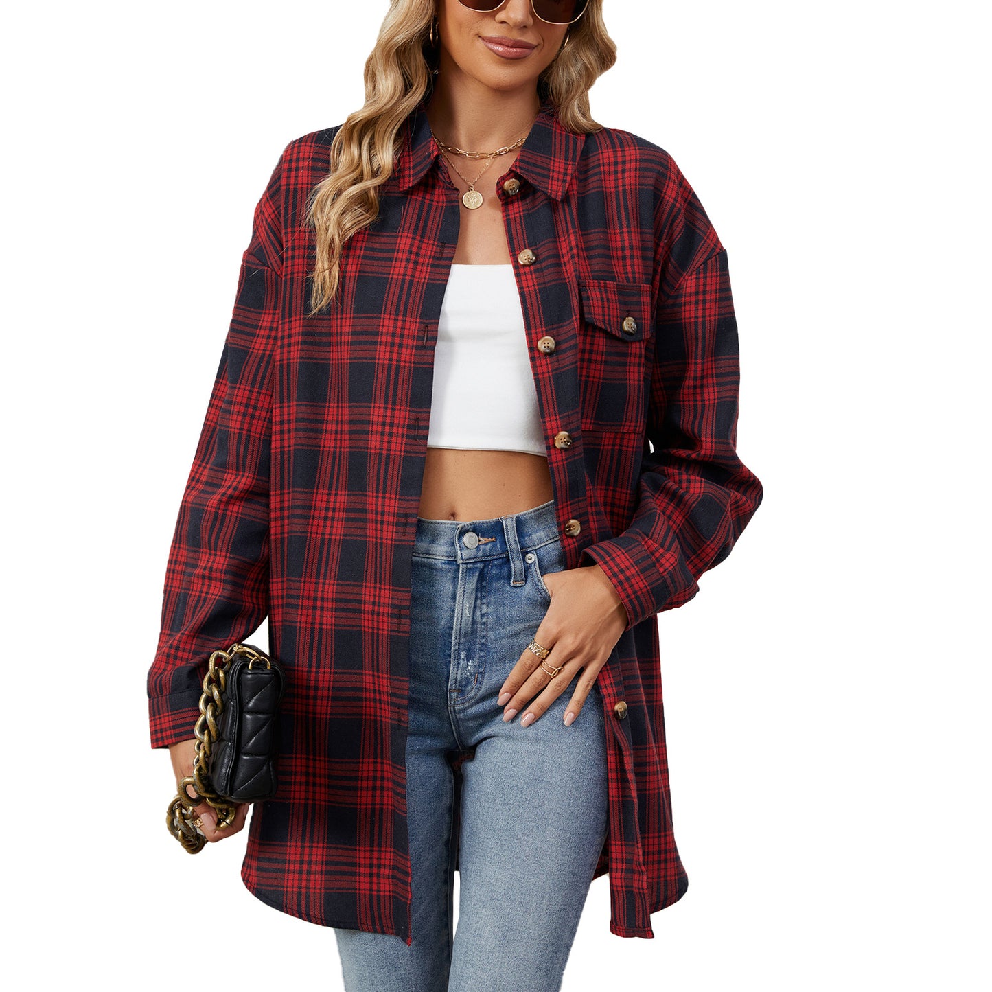 Blooming Jelly Women's Button Down Flannel Shirts Plaid Shacket Long Sleeve Collared Business Casual Tops Work