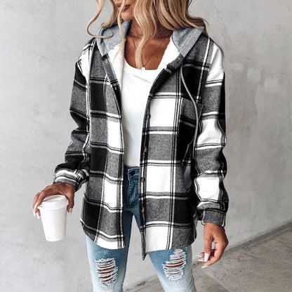 Women's Plaid / Houndstooth Print Button Front Hooded Coat, Casual Longsleeves Pocket Coat for Fall & Winter, Ladies Outerwear for Daily Wear, Womenswear