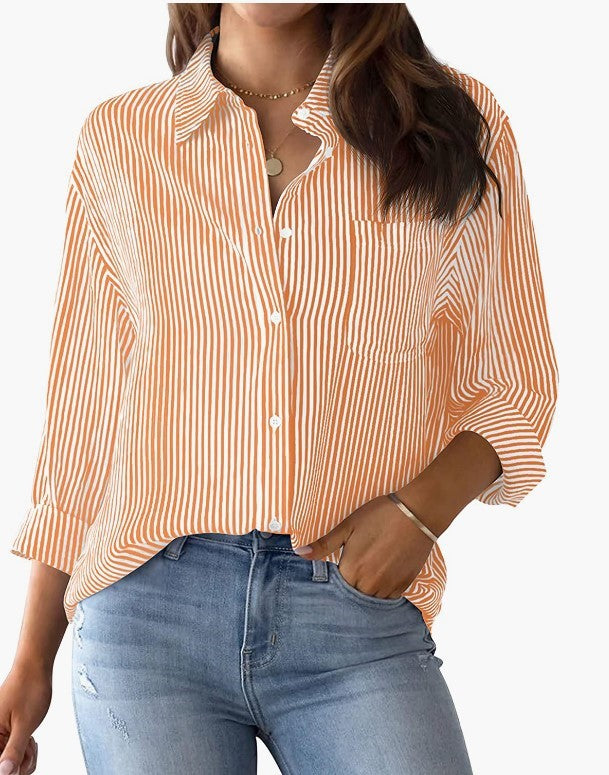 AISEW Womens Button Down Shirts Striped Classic Long Sleeve Collared Office Work Blouses Tops with Pocket