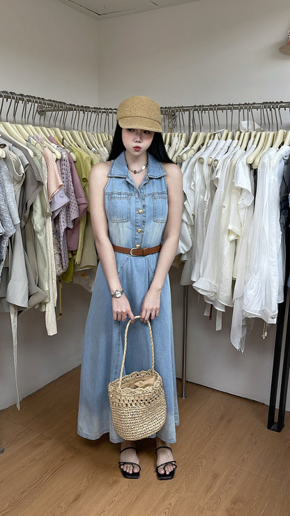 Women's Light Blue Denim Sleeveless Belted A-Line Maxi Dress Gold Button Lapel Collar with Free Belt M L