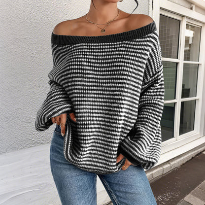 Women's Striped Drop Shoulder Sweater, Y2k Casual Bishop Sleeve Boat Neck Jumper Tops for Daily Outdoor Wear Back To School, Sweaters for Women, Ladies Knitwear for Fall, Fall Outfits, Fallfreshness, Preppy 80s Clothes