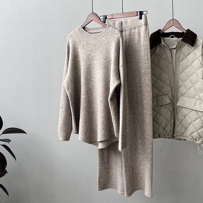 【Plus Size】 Two-Piece Set Solid Mock Neck Drop Shoulder Split Hem Sweater & Straight Leg Pants