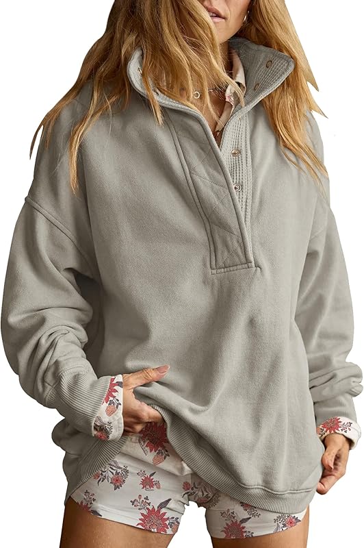 Sweatshirt for Women Oversized Casual Long Sleeve Button Henley Neck Pullover Tops Fashion Outfits Clothes - Seldom Seen Styles