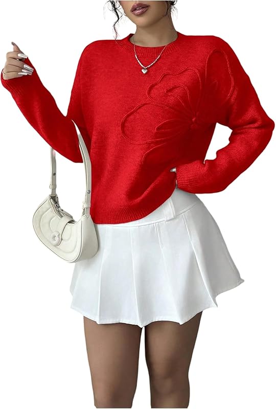 Women's 3D Floral Appliques Crewneck Sweaters Long Sleeve Drop Shoulder Pullovers Elegant Knit Tops - Seldom Seen Styles
