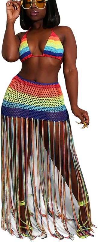 Women Sexy Beach Coverups Summer 2 Piece Outfits Crochet Mesh Fishnet Bikini Top and Maxi Skirt Set - Seldom Seen Styles