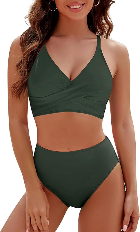 Womens High Waisted Bikini Sets Criss Cross Two Piece Swimsuits Color Block Full Coverage Bathing Suits - Seldom Seen Styles