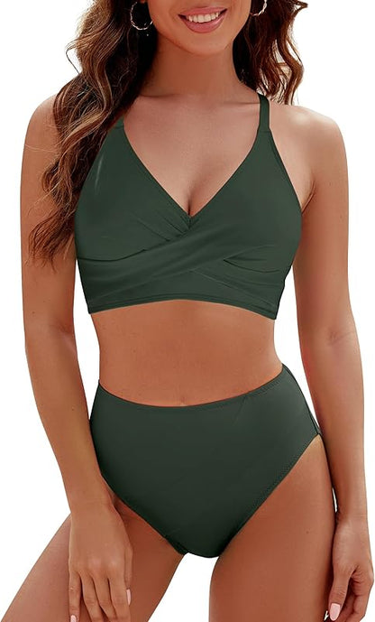 Womens High Waisted Bikini Sets Criss Cross Two Piece Swimsuits Color Block Full Coverage Bathing Suits - Seldom Seen Styles