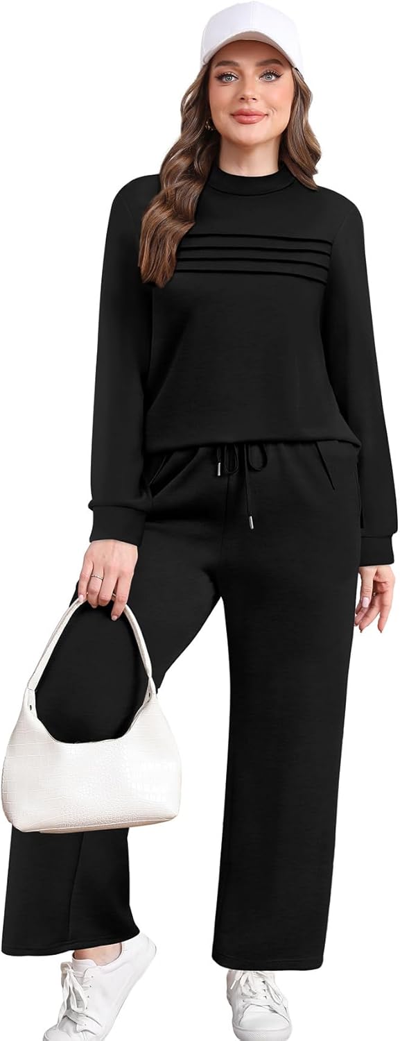 Two Piece Sets for Women Fall Travel Vacation Outfits Long Sleeve Lounge Sets Side Slit Wide Leg Pants S-3XL - Seldom Seen Styles