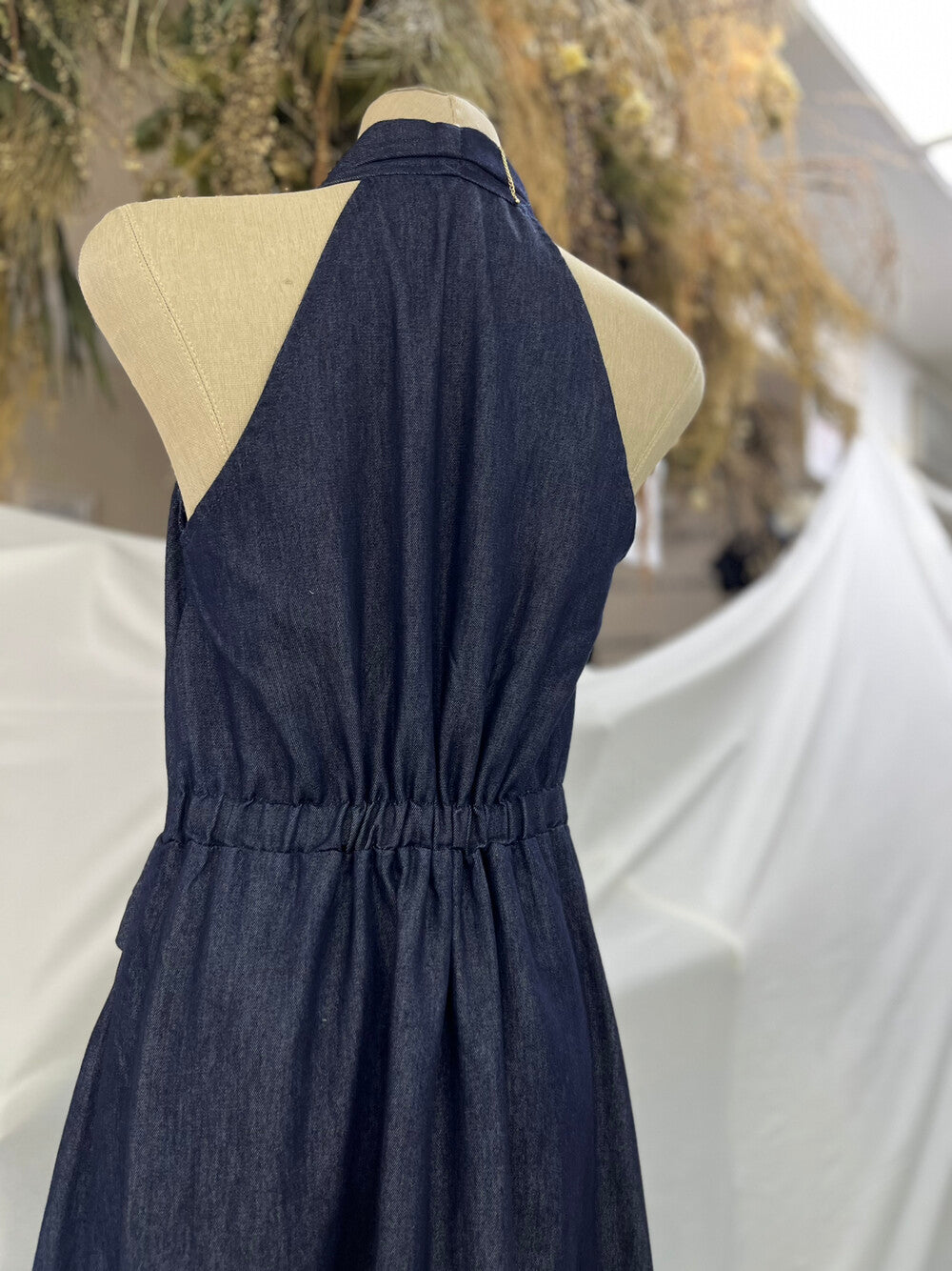 Women's Dark Navy Denim Halter Neck Wrap Ruched Maxi Dress Sleeveless Backless S M L MiniHey HH8230 - Seldom Seen Styles