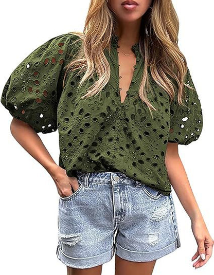 PRETTYGARDEN Women's Summer Tops Dressy Casual Short Lantern Sleeve V Neck Buttons Hollow Out Lace Embroidered Blouses Shirts