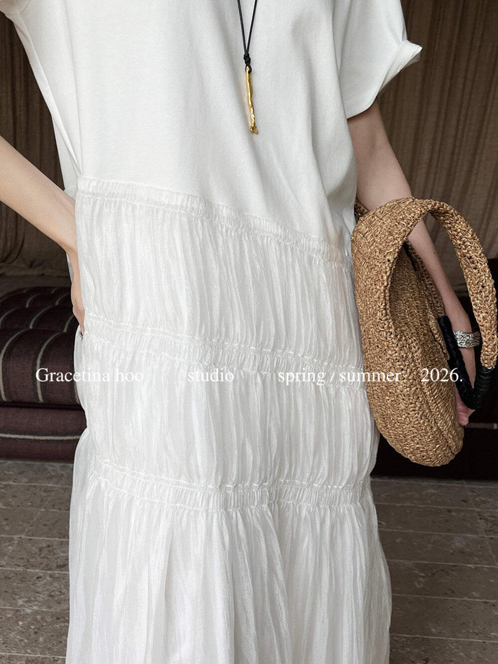 Cotton T-Shirt Spliced Mesh Tiered Ruffle Maxi Dress Patchwork A-Line Elegant Casual Summer Dress White Black - Seldom Seen Styles