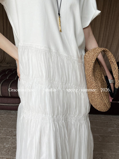 Cotton T-Shirt Spliced Mesh Tiered Ruffle Maxi Dress Patchwork A-Line Elegant Casual Summer Dress White Black