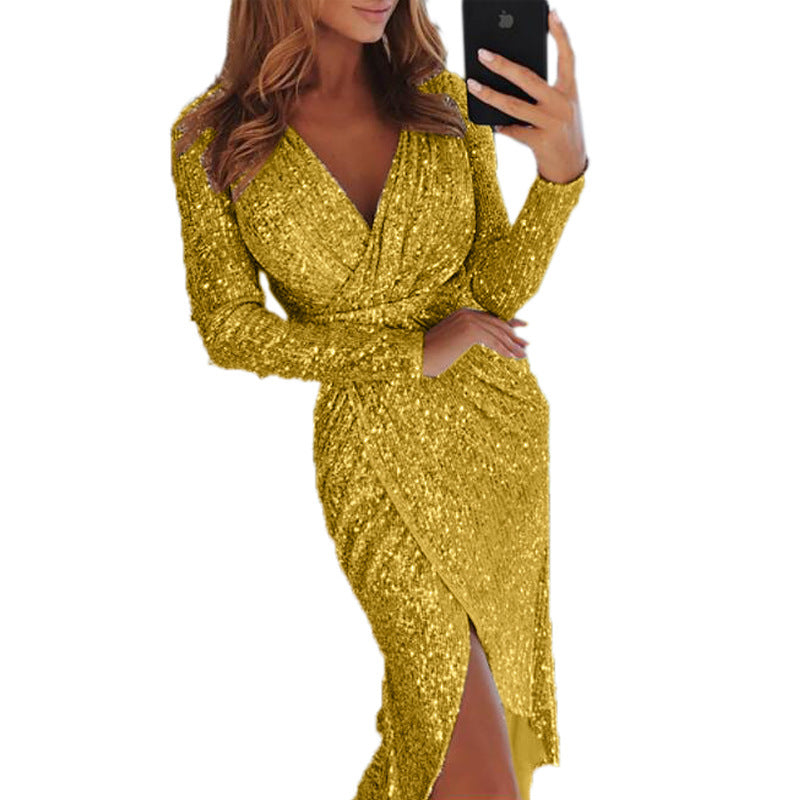 2025 V Shiny Collar  for Dinner Sexy Dress New Women's Bronzing Long Sleeve