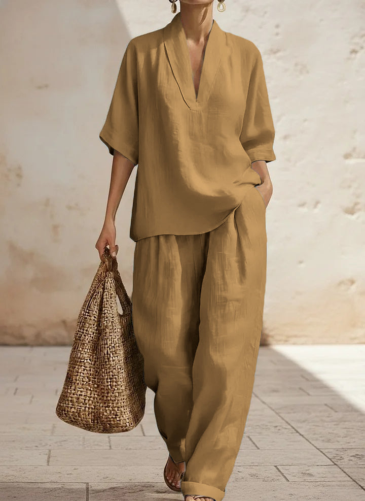 Women's Linen Two Piece Set V Neck Top and Wide Leg Pants Casual Loose Fit Summer Outfit - Seldom Seen Styles