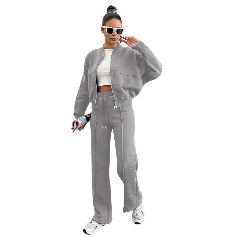 Women's Solid Zip Up Crop Jacket & Drawstring Waist Pants Two-piece Set, Casual Fashion Drop Shoulder Long Sleeve Top & High Waist Trousers Womenswear Suits for Outdoor Wear, Women's Clothing for Spring & Fall 90s Clothes - Seldom Seen Styles