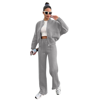 Women's Solid Zip Up Crop Jacket & Drawstring Waist Pants Two-piece Set, Casual Fashion Drop Shoulder Long Sleeve Top & High Waist Trousers Womenswear Suits for Outdoor Wear, Women's Clothing for Spring & Fall 90s Clothes