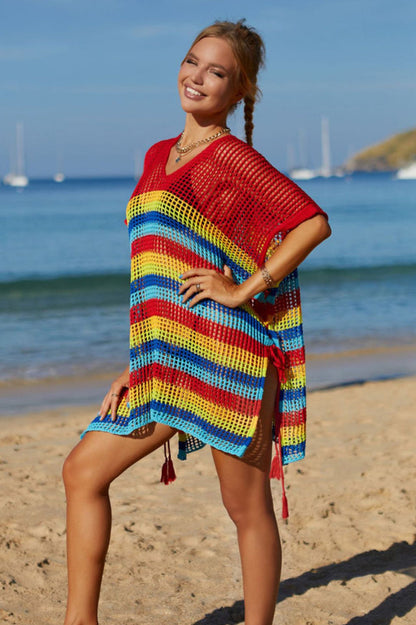 Rainbow Stripe Openwork Slit Cover Up