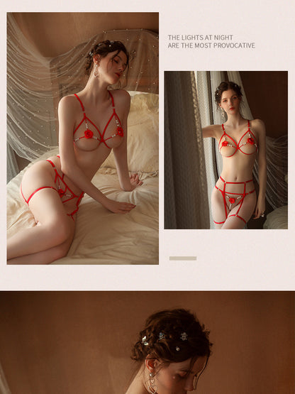 Romantic Rose Embroidered 3-Piece Lingerie Set with Sensory Pearls - T-Back Bra & Thong in 5 Colors