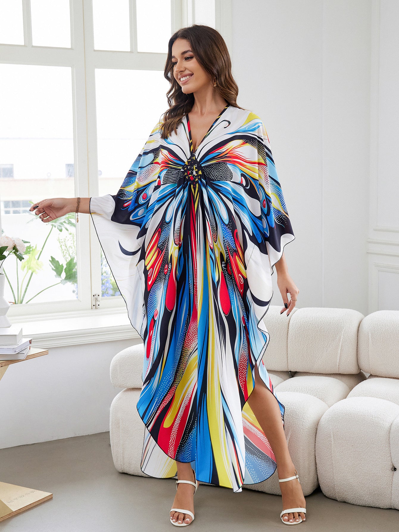 [Plus Size] Butterfly/feather Print Ruched Split Hem Tunic Dress, Valentine's Day Elegant Batwing Sleeve V Neck Long Dress for Summer, Casual Womenswear, Gift, Homecoming Dresses, Women's Clothes for Beach Holiday Vacation, Moo Moo Dresses