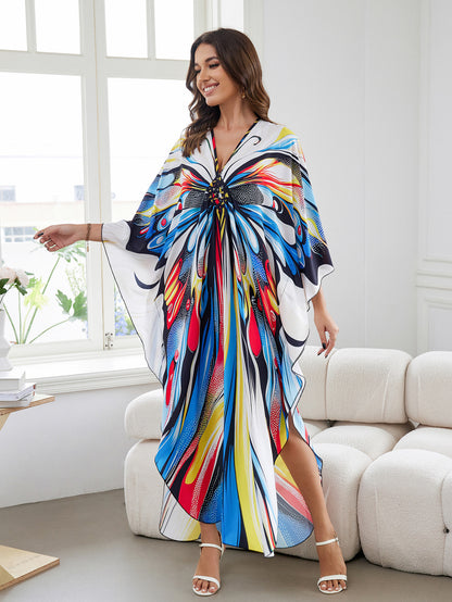 [Plus Size] Butterfly/feather Print Ruched Split Hem Tunic Dress, Valentine's Day Elegant Batwing Sleeve V Neck Long Dress for Summer, Casual Womenswear, Gift, Homecoming Dresses, Women's Clothes for Beach Holiday Vacation, Moo Moo Dresses