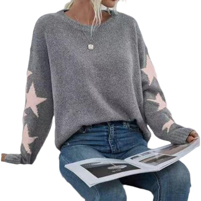 Fashion Solid Color Five-Pointed Star Sweater Crew Neck Pullover Autumn Winter Women's Knitwear