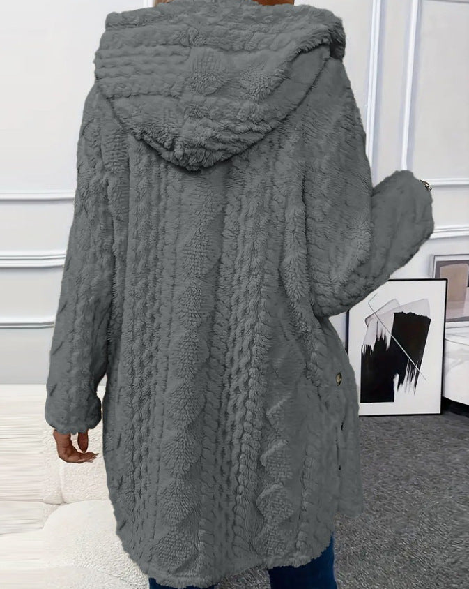 Autumn and Winter Warm Fashion Jacquard Plush Hooded Cardigan Coat