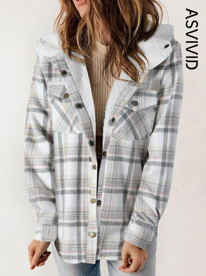 Women's Plaid / Houndstooth Print Button Front Hooded Coat, Casual Long Sleeve Pocket Coat for Fall & Winter, Ladies Outerwear for Daily Wear