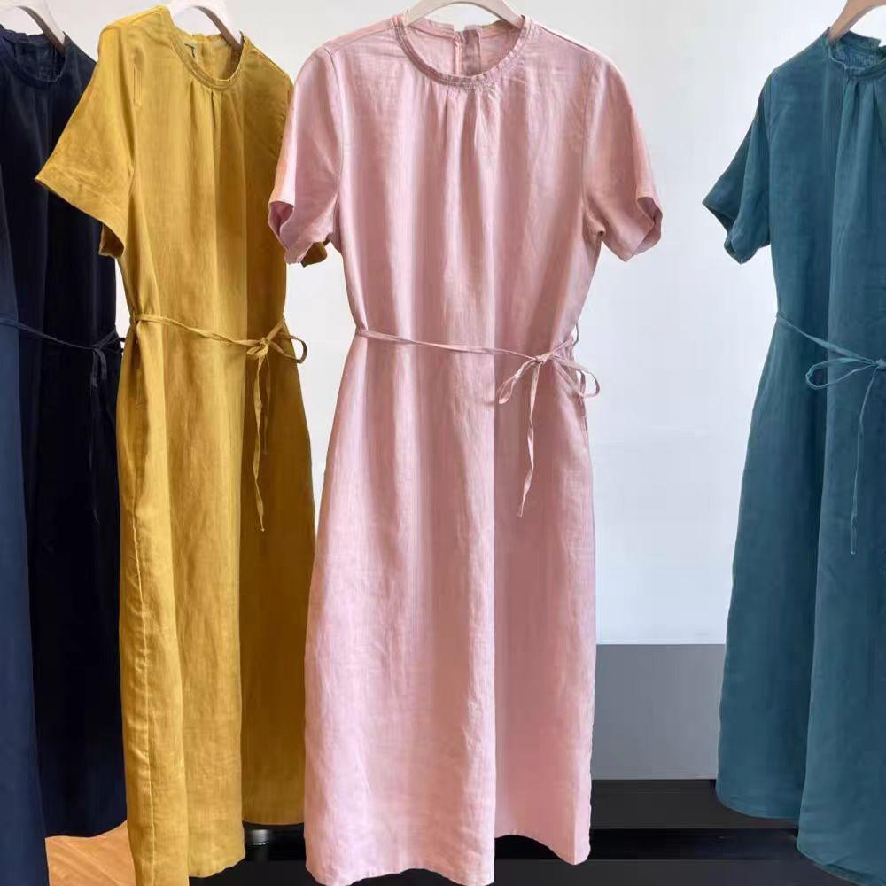 Women's Crew Neck Short Sleeve Tie Waist 100% Linen Midi Dress Casual Summer Beach Vacation - Seldom Seen Styles