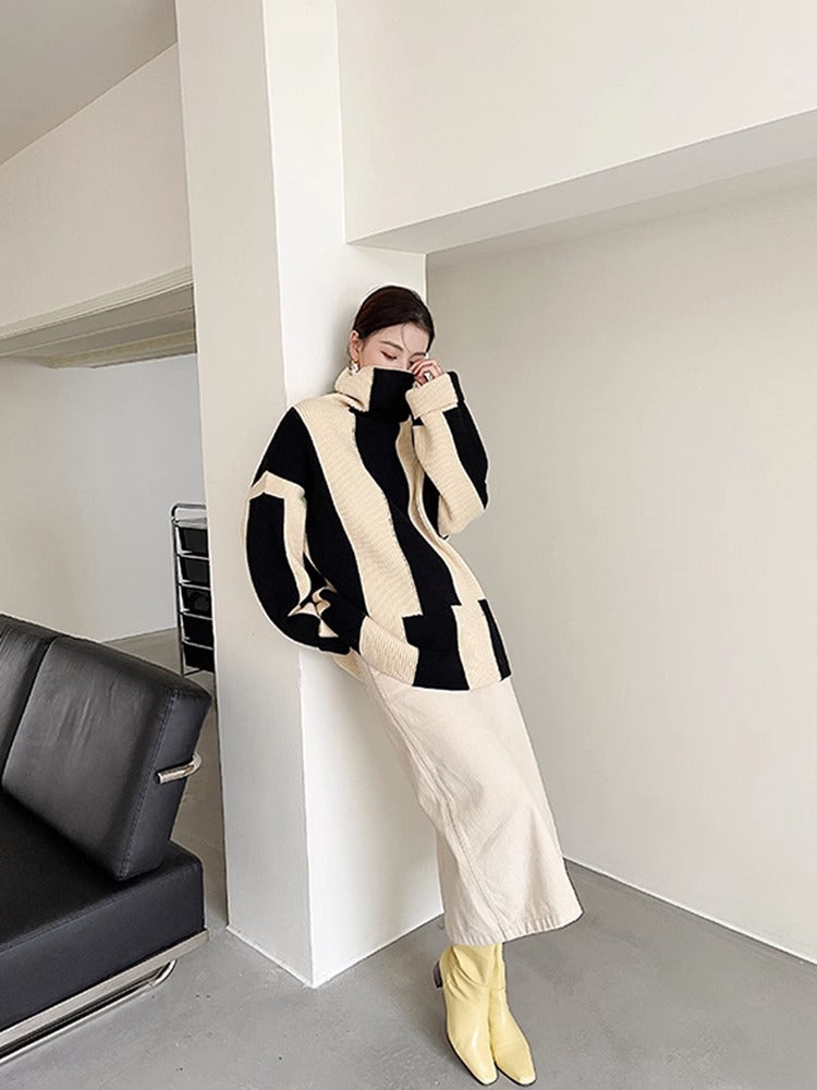 Idle Style Turtleneck Pullover Black and White Striped Sweater Women's Fall and Winter Outer Wear Gentle Soft Glutinous Coat Knitted Top Thick