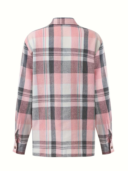 Plaid Print Simple Shirt Casual Button Front Long Sleeve Shirt Women's Clothing