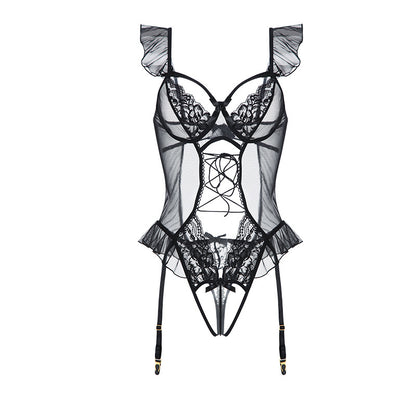 Wunderschöner, sexy Netzstoff, schmal geschnittener Body zum Binden, offener Schritt, Versuchung, reine Lust, erotische Dessous, Uniform-Set
