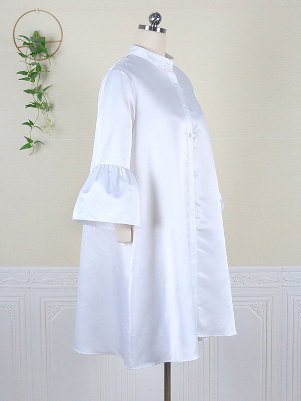Urban Buttoned Solid Color Stand Collar Flared Sleeve Loose Midi Dress - Seldom Seen Styles