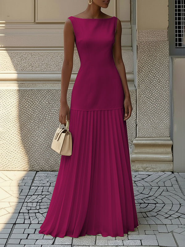 Sleeveless Gauze Pleated Solid Color Split-Joint Boat Neck Evening Dresses Maxi Dresses - Seldom Seen Styles