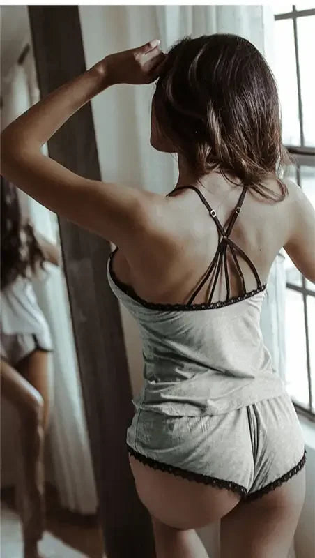 Women's Lace Trim Pajama Set Soft V Neck Cami and Shorts Sleepwear Set - Seldom Seen Styles
