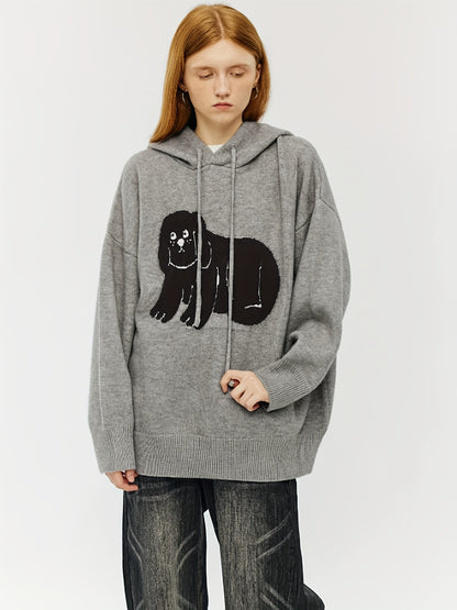 Cartoon Dog Pattern Drawstring Hooded Sweater, Casual Long Sleeve Loose Pullover Sweater, Women's Clothing