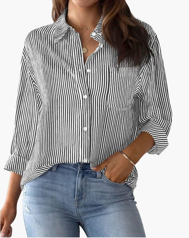 AISEW Damen Button-Down-Hemd, gestreift, klassisch, Langarm, Kragen, Büro, Arbeit, Bluse, Tops mit Tasche