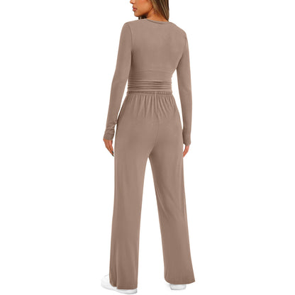 Autumn Solid Color Casual Suit Waist Pleated Long Sleeve Top with Trousers