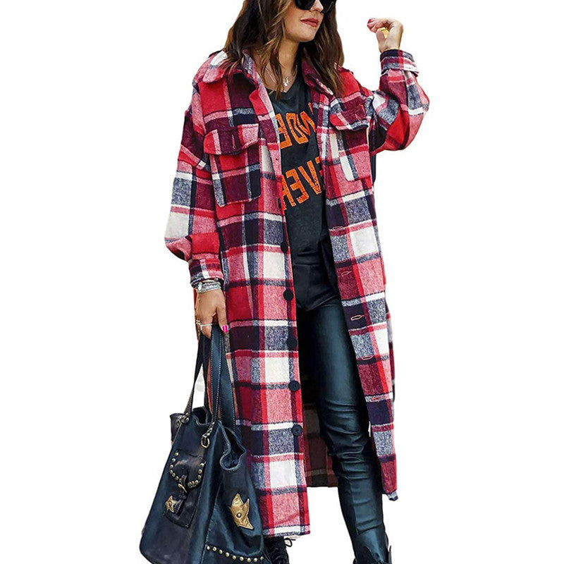 Women's Casual Wool Blend Long Plaid Shirt Jacket Button Down Pocketed Shirt Shacket