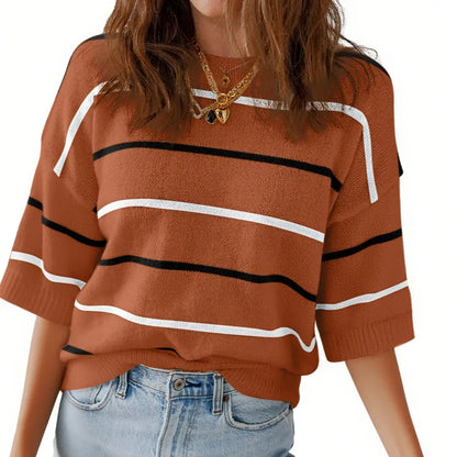 Shewin 2026 SummerVibes Women's Shortsleeve Round Neck Striped Pullover - Soft Breathable Polyester Sweatshirt, Chic Casual Fit, Ladies' Clothing for Daily Wear