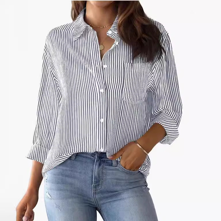 AISEW Womens Button Down Shirts Striped Classic Long Sleeve Collared Office Work Blouses Tops with Pocket