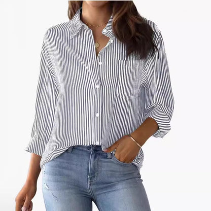 Womens Button Down Shirts Striped Classic Long Sleeve Collared Office Work Blouses Tops with Pocket