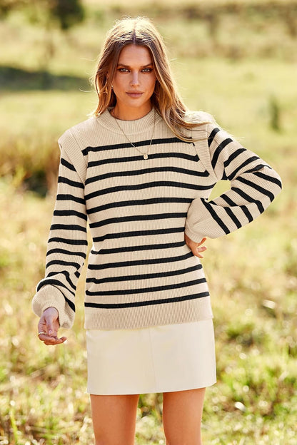 PRETTYGARDEN Women Sweaters Casual Long Lantern Sleeve Crewneck Ribbed Knit Pullover Striped Jumper Tops Blouse