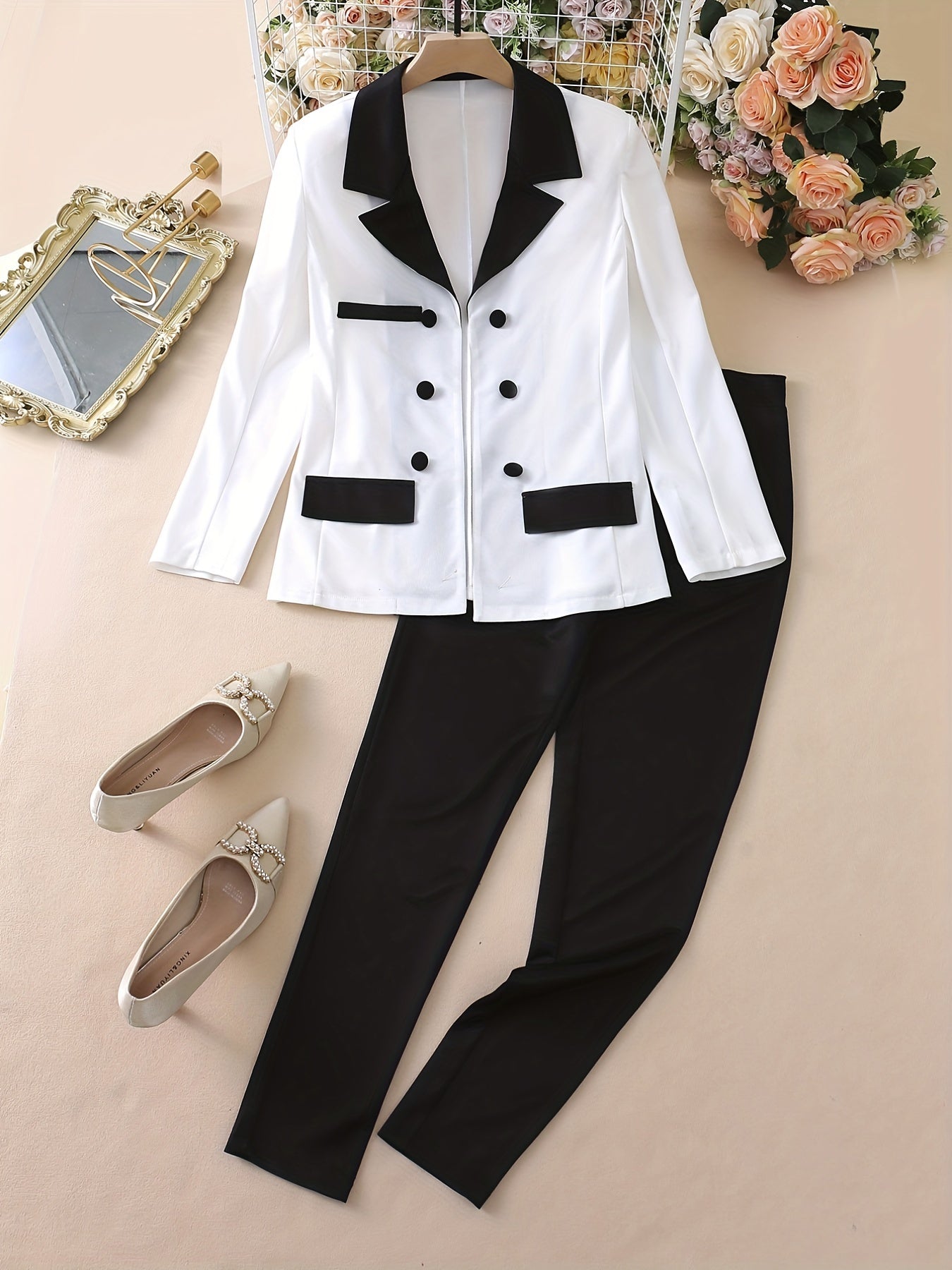 Color Block Two-Piece Set，Casual Button Front Blazer and Straight Pants，Women's Clothing