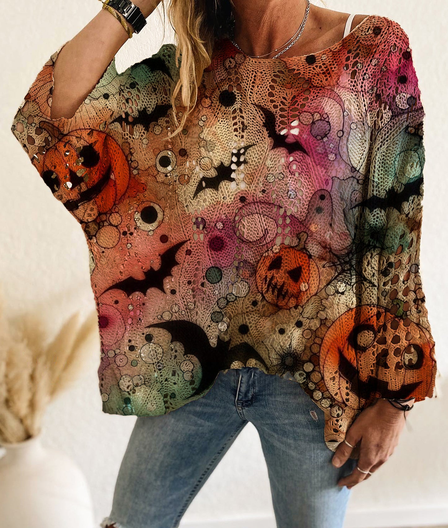 Women's Halloween Pumpkin Print Long Sleeve Knit Top, Casual Elegant Vacation Style, Loose Fit Batwing Shoulder, Spring Summer Fall Wear - Seldom Seen Styles