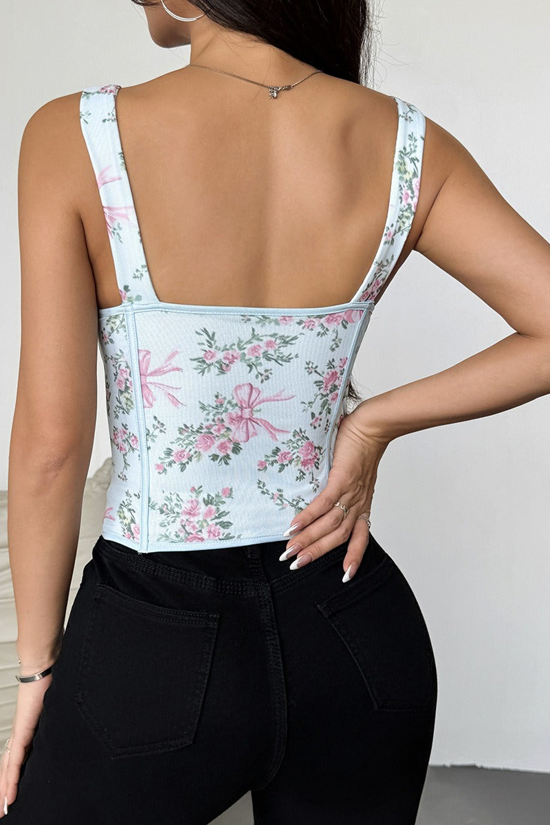 Women's Floral Print Spaghetti Strap Cami Top Boning Tie Bow Detail Slim Fit Sleeveless Summer Garden Party Casual Going Out Top - Seldom Seen Styles