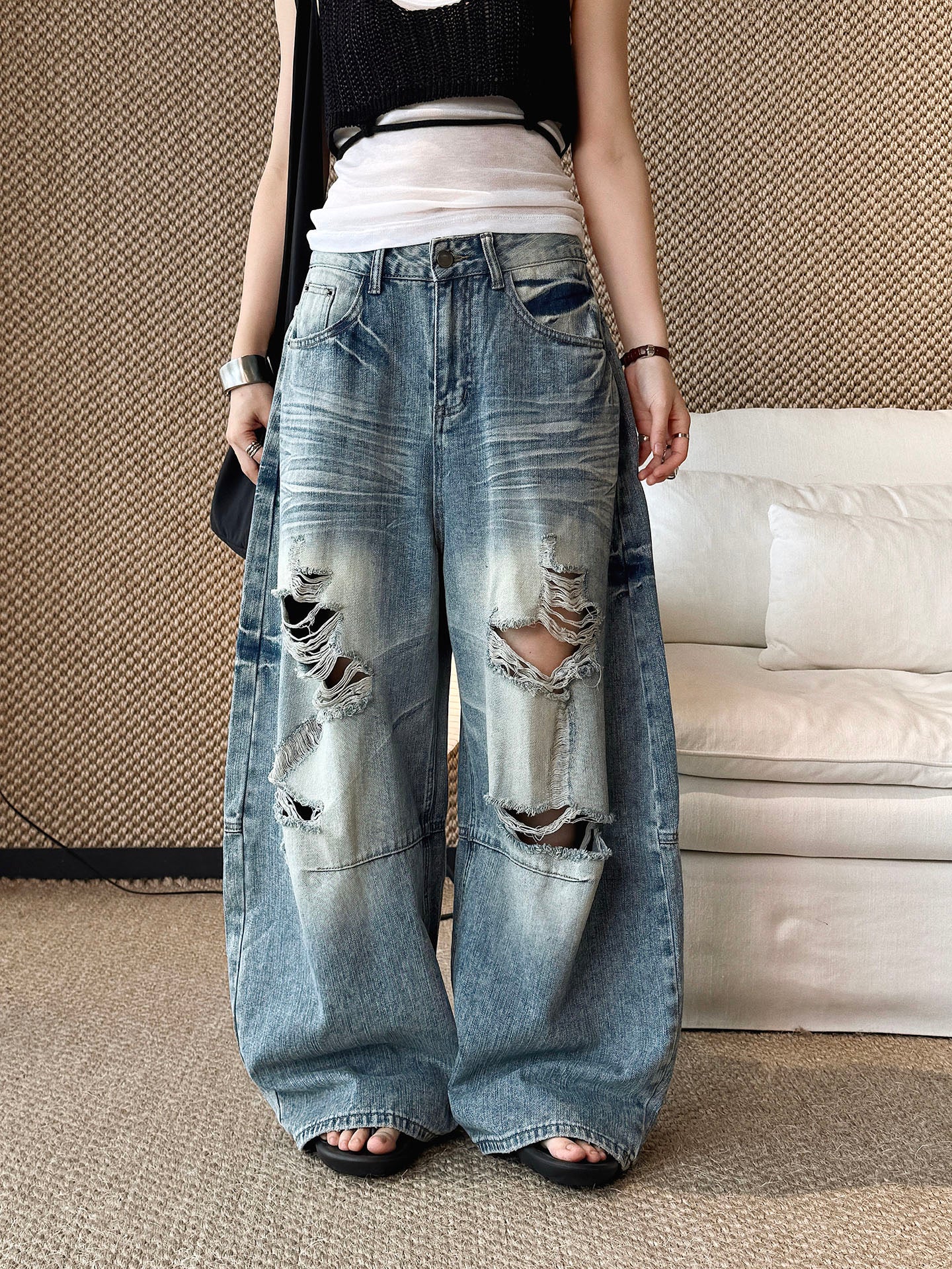 Women's Distressed Ripped Wide Leg Jeans High Waist Baggy Denim Pants Streetwear Y2K Casual Summer Outfit