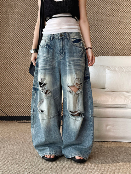 Women's Distressed Ripped Wide Leg Jeans High Waist Baggy Denim Pants Streetwear Y2K Casual Summer Outfit