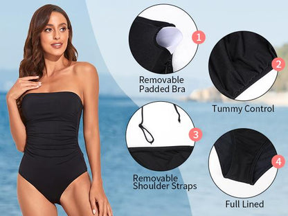 Women Tummy Control One Piece Swimsuits Strapless Bandeau Bathing Suits Slimming Halter Swimwear - Seldom Seen Styles